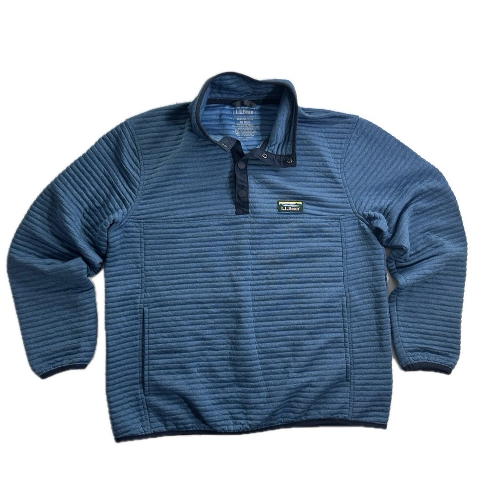LL Bean Men Slightly Fitted Quilted Henley Sweatshirt Blue Logo Medium Blokecore